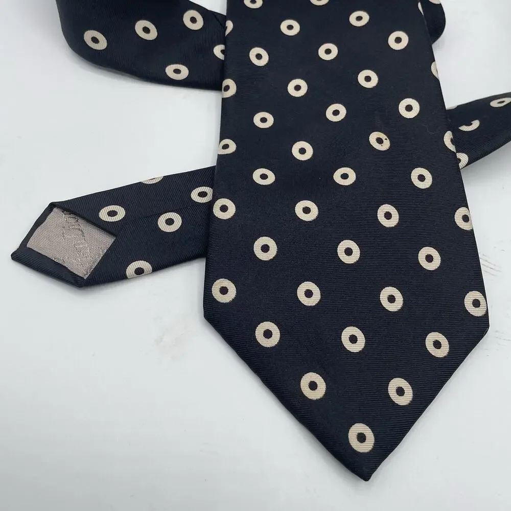 Vintage Christian Dior 100% Silk Necktie 57 Inch Black Bullseye Dots Pattern USA